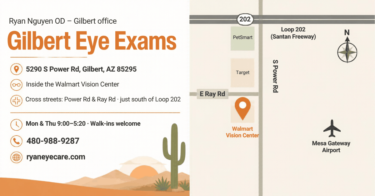 Illustrated map card for the Gilbert office of Ryan Nguyen OD PLLC, inside the Walmart Vision Center at 5290 S Power Rd, Gilbert, AZ 85295. Cross streets Power Rd and Ray Rd, just south of the Loop 202 freeway, near Target and PetSmart. Open Monday and Thursday 9:00 am to 5:20 pm.