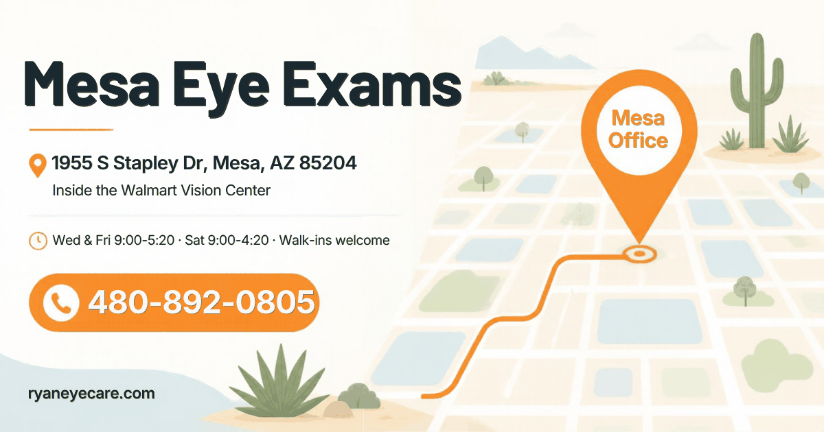 Illustrated map card for the Mesa office of Ryan Nguyen OD PLLC, inside the Walmart Vision Center at 1955 S Stapley Dr, Mesa, AZ 85204. Open Wednesday and Friday 9:00 am to 5:20 pm, Saturday 9:00 am to 4:20 pm.